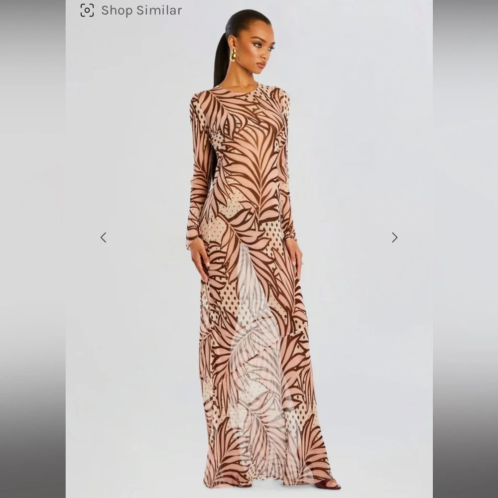 Retrofete Vienna silk dress long sleeve sheer polka dot leaves Brown Maxi Dress - Picture 3 of 6